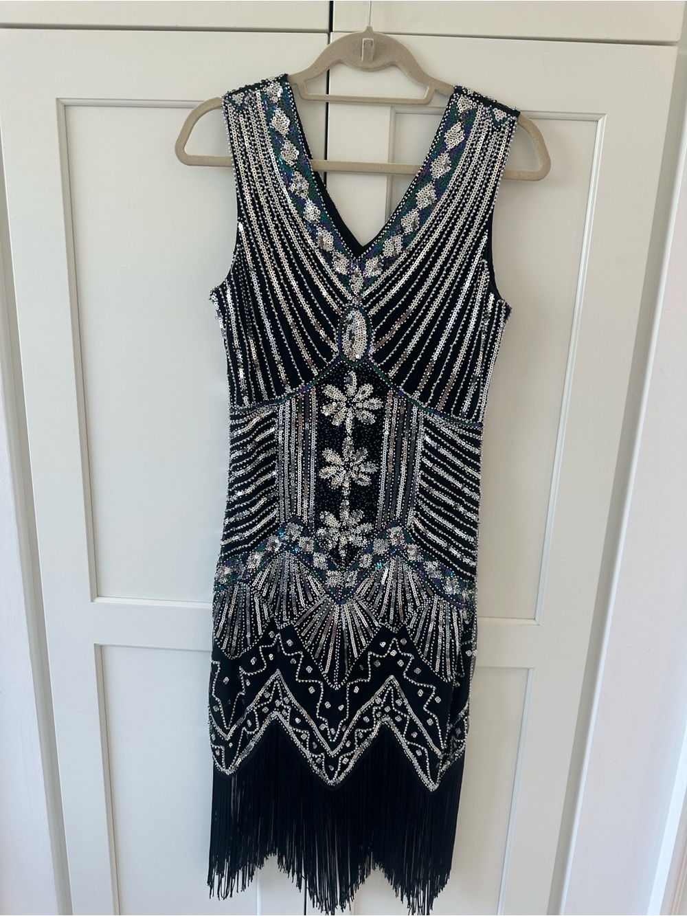 Embellished Black Beaded Fringe Midi Dress